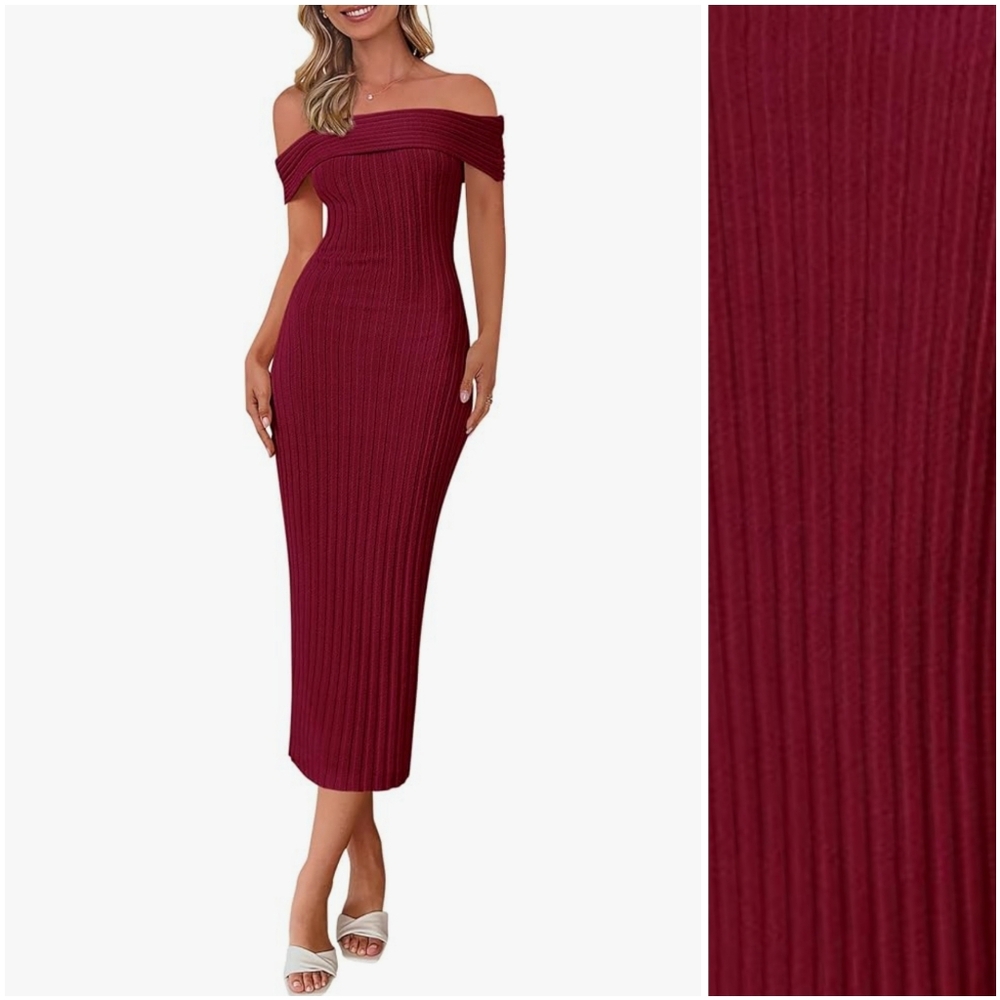NWT Prettygarden Red Off Shoulder Ribbed Knit Bodycon Sweater Midi Dress S